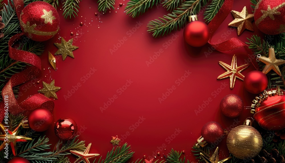 Red and Gold Christmas Decorations on a Red Background Red and Gold Christmas Decorations on a Red Background