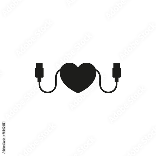 Heart with usb connector and cable. Isolated vector icon on white background.