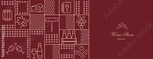 Wine pattern with  wine glasses, wine bottles, cheese, corkscrew, cork and abstract design elements in simple geometric style. Good for branding, decoration of wine package, cover design, menu.