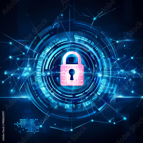 a digital illustration depicting cybersecurity concepts, with a glowing padlock symbol surrounded by abstract network lines and data flow