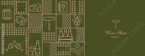 Wine pattern with  wine glasses, wine bottles, cheese, corkscrew, cork and abstract design elements in simple geometric style. Good for branding, decoration of wine package, cover design, menu.