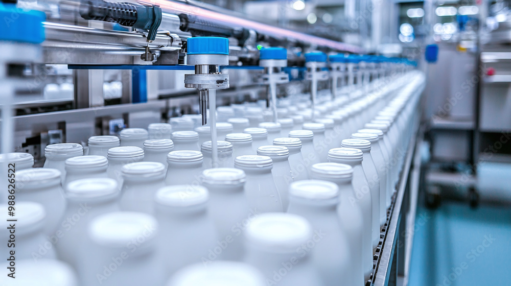 automated bottling machines in a milk factory, with rows of milk cartons being filled automated bottling machines in a milk factory, with rows of milk cartons being filled