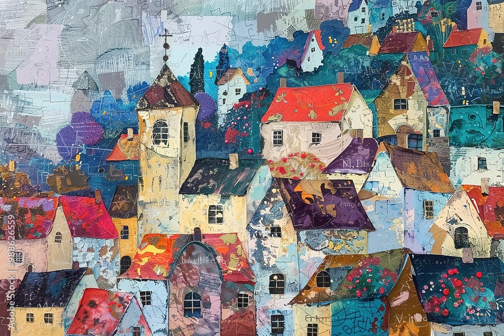Fototapeta premium Old city - watercolor illustration of houses on white background. Seamless pattern.