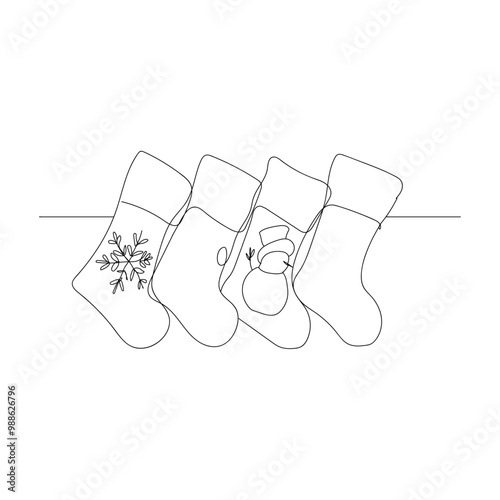 Dessin en ligne continue de chaussettes de noël, line art, vecteur