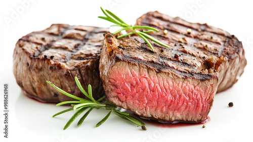 Grilled beef steak with rosemary isolated on white background