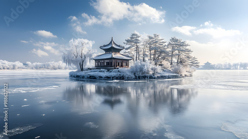 A snowy island in the middle of a frozen lake with an ancient temple standing majestically. photo