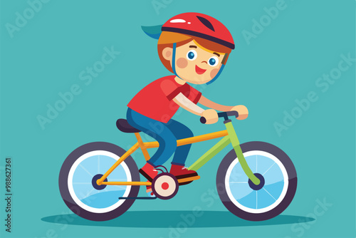 A young boy enjoys riding his bicycle while wearing a helmet and smiling brightly, boy riding a bicycle