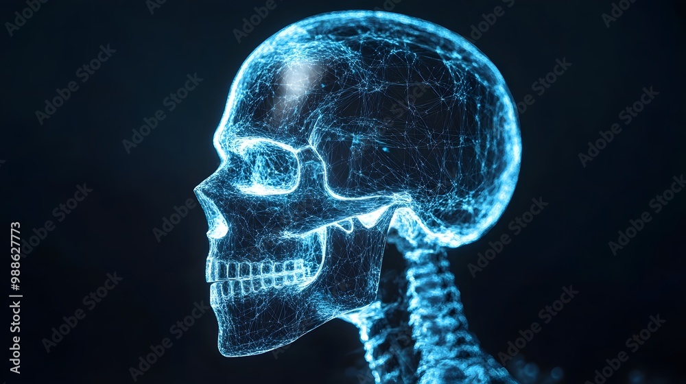 A Wireframe Human Skull with a Blue Glowing Effect A Wireframe Human Skull with a Blue Glowing Effect