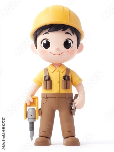 A cheerful cartoon character in a construction outfit with tools, symbolizing industry and work.