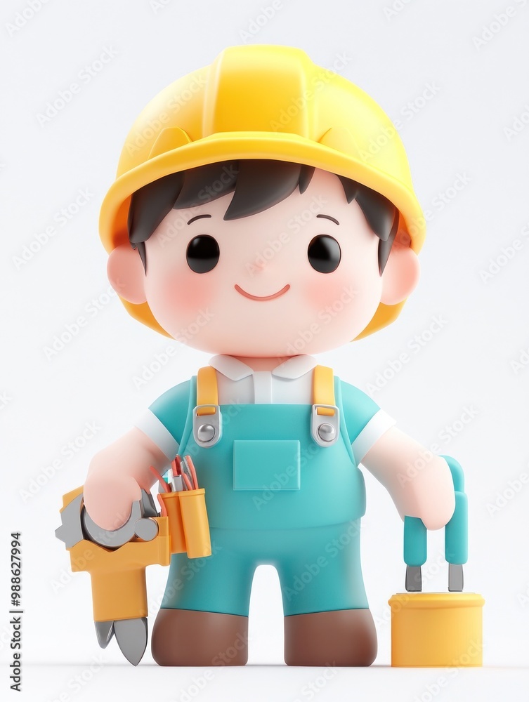 A cute cartoon character dressed as a worker, holding tools and a bucket.