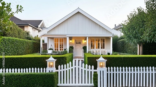 Suburban house with a neatly trimmed hedge, white picket fence, and lanterns