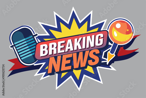 Bold graphic with breaking news text and broadcasting symbols designed for urgent announcements, Breaking News Sticker, Lower Third for Broadcasting Stream