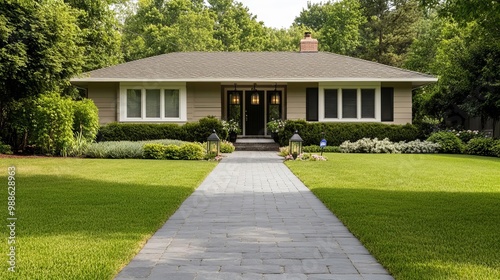 Suburban house with a slate driveway, hanging lanterns, and a well-maintained lawn