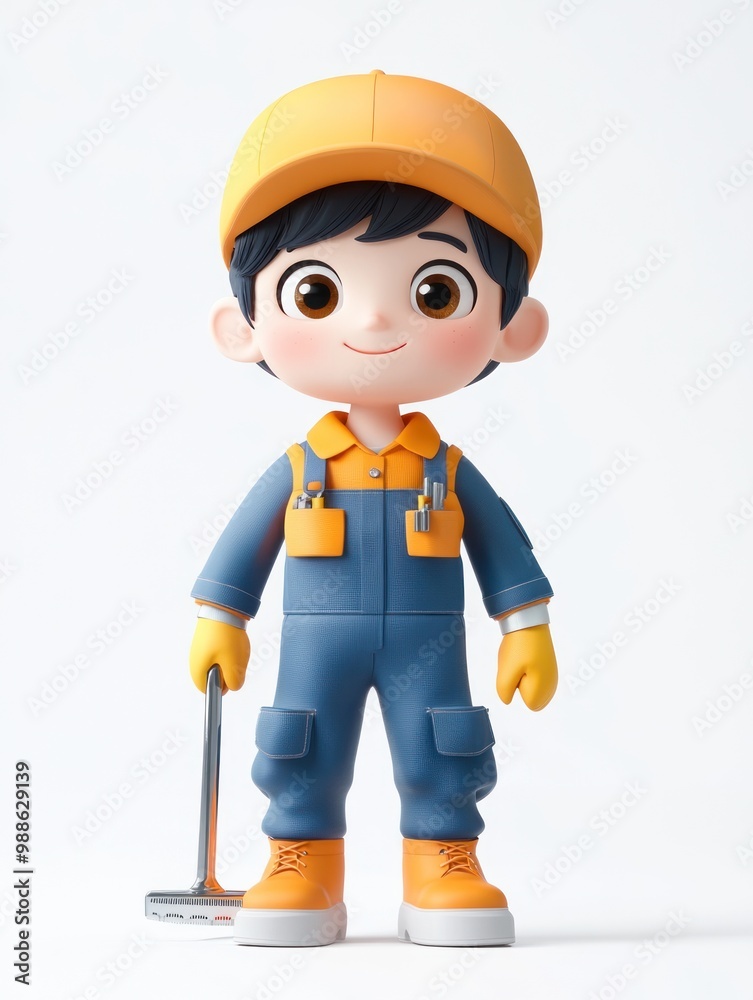 A cheerful cartoon character in work attire holding a tool, designed for children's engagement. A cheerful cartoon character in work attire holding a tool, designed for children's engagement.