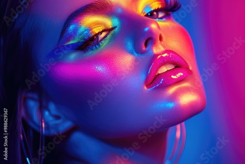 Beautiful woman with colorful neon makeup on her face.