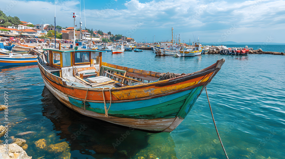 A traditional wooden fishing boat with a colorful hull docked at a bustling port filled with activity. A traditional wooden fishing boat with a colorful hull docked at a bustling port filled with activity.