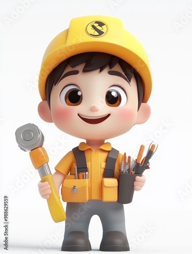 A cheerful cartoon character in a construction outfit holding tools and smiling.