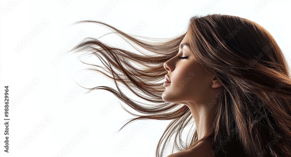 Beautiful woman with long brown hair, flowing in the wind. Beautiful woman with long brown hair, flowing in the wind.