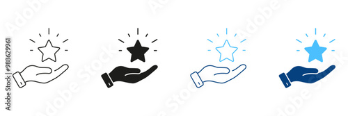 Customer Satisfaction Line and Silhouette Icon Set. Hand With Star, Good Feedback Pictogram. Best Quality Service Symbol. Positive Review Sign. Editable Stroke. Isolated Vector Illustration