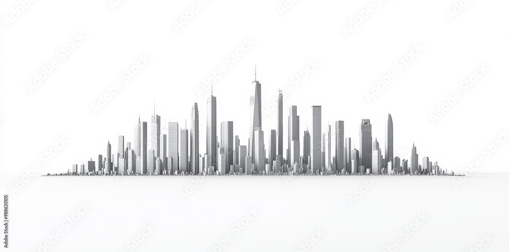 3D render of a city skyline with skyscrapers on a white background