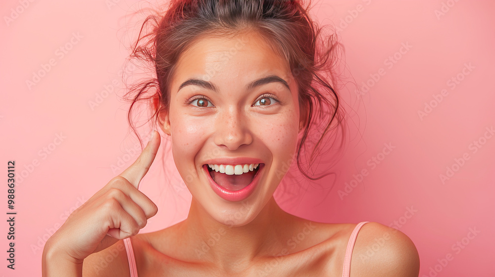 Excited young woman pointing at herself on pink background Excited young woman pointing at herself on pink background