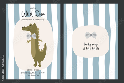 Cute kids crocodile animal. Baby invitation card for birthday party. Funny alligator flat illustration. Vector baby invite design.