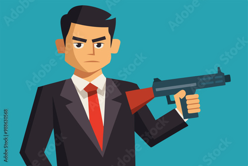A businessman dressed sharply points a gun while conveying a serious demeanor, Businessman with Gun Icon