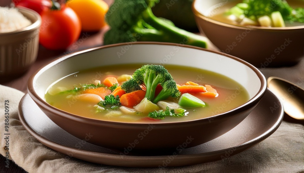 Nourishing paleo soups with depth of field highlighting fresh vegetables and bone broth richness Nourishing paleo soups with depth of field highlighting fresh vegetables and bone broth richness