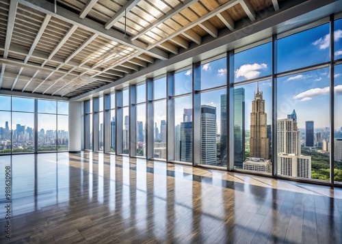 Inside a futuristic workplace  a seascape of skyscrapers stretches beyond floor-to-ceiling windows  a dramatic backdrop