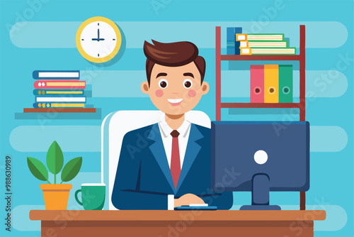 A businessman focuses on his computer while seated at a desk in a well-organized workspace, Businessman working on computer