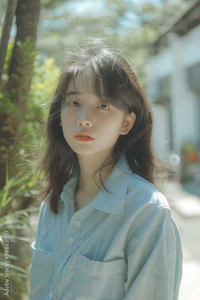 Asian Female Wearing Blue Striped Shirt Asian Female Wearing Blue Striped Shirt