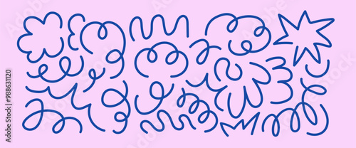 Set of doodle playful scribble. Abstract children background with curve line. Trendy design with basic shapes.