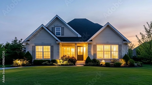 Suburban house with charming window shutters, brick pathway, and hanging flower baskets