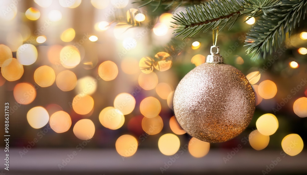 Close-up of a Glittering Gold Ornament Hanging on a Christmas Tree Branch with Soft, Warm Bokeh Lights in the Background, Creating a Festive and Elegant Holiday New Year Atmosphere