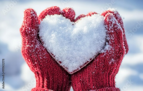 Red Mittens Holding Snow Heart in Winter Scene