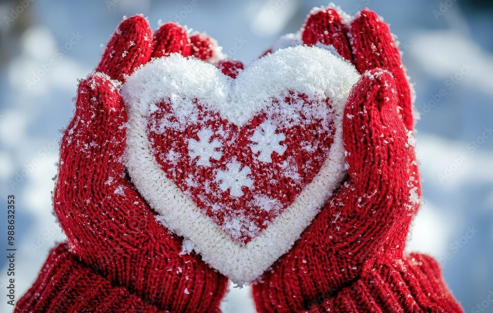 Fototapeta premium Red Mittens Holding Snowy Heart with Snowflakes Motif