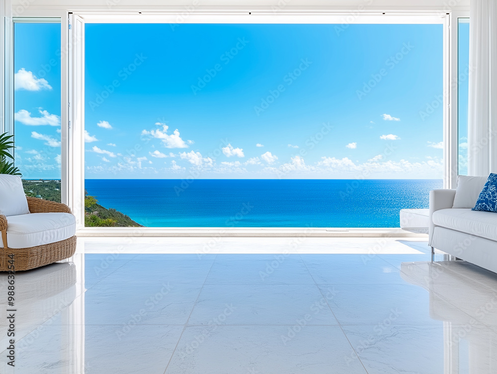 Fototapeta premium Modern, luxury home showcase interior living room with ocean view 