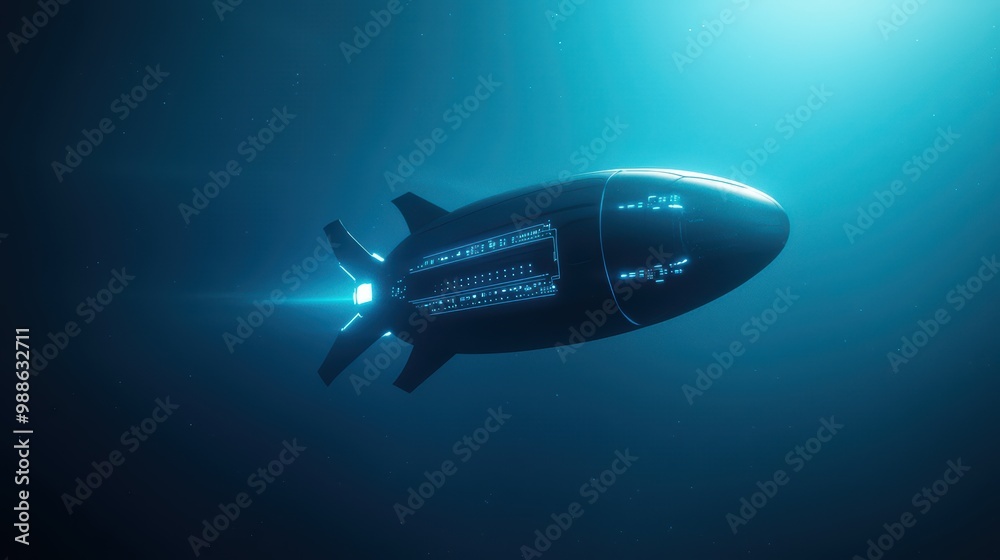 Futuristic underwater vehicle with glowing lights in deep blue ocean. Futuristic underwater vehicle with glowing lights in deep blue ocean.