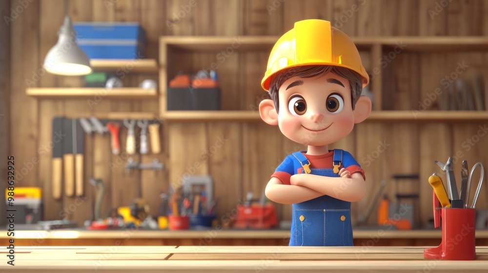 A cheerful cartoon boy in a workshop, wearing a hard hat and overalls, surrounded by tools. A cheerful cartoon boy in a workshop, wearing a hard hat and overalls, surrounded by tools.