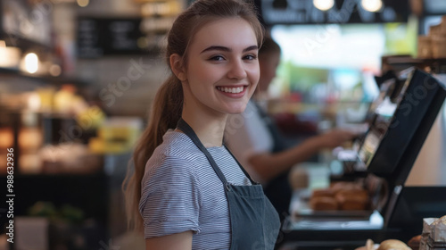 Attractive cheerful cashier women serving customer with service mind