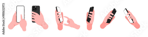 Hands Holding Smartphones with Blank Screens – Male and Female Fingers Touching Displays, Vector Illustrations