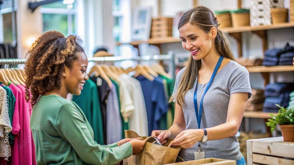 Obraz premium A young woman volunteer helping a customer find a store.