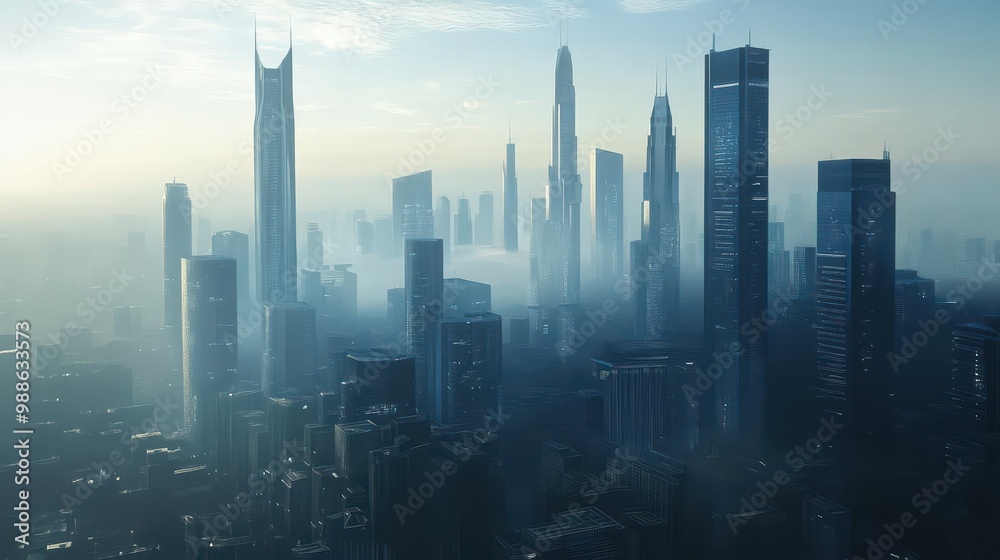 Obraz premium Majestic Skyline of a Modern Metropolis Shrouded in Mist