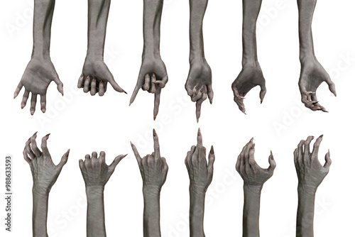 Collection of hands of zombies in various poses and angles for halloween