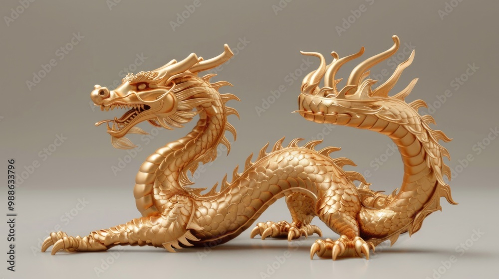 Asian Dragon. Golden Chinese Dragon in Bend Body Pose - 3D Render with Alpha Path Asian Dragon. Golden Chinese Dragon in Bend Body Pose - 3D Render with Alpha Path