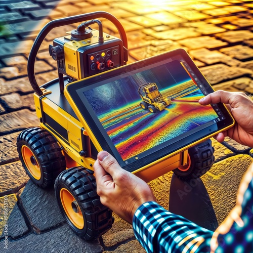 Ground Penetrating Radar Analysis. The image shows a handheld device controlling a ground-penetrating radar (GPR) robot, visualizing underground structures via a colorful thermal map on a tablet.
