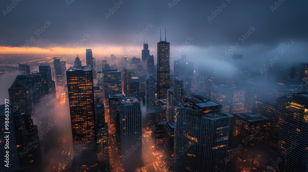Fototapeta premium Misty Metropolis: Illuminating the Urban Skyline at Dusk