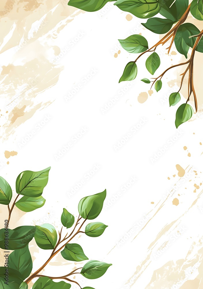Obraz premium Green Leaves on White Background with Beige Watercolor Splashes