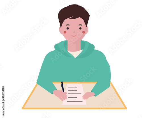 書類に書く男の子。ベクターイラスト