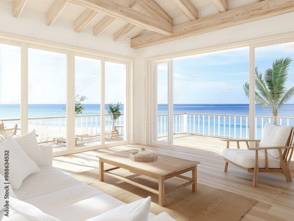 Fototapeta premium Modern summer holiday or vacation wooden beach house living room interior with rustic luxury sofas, tables and decoration